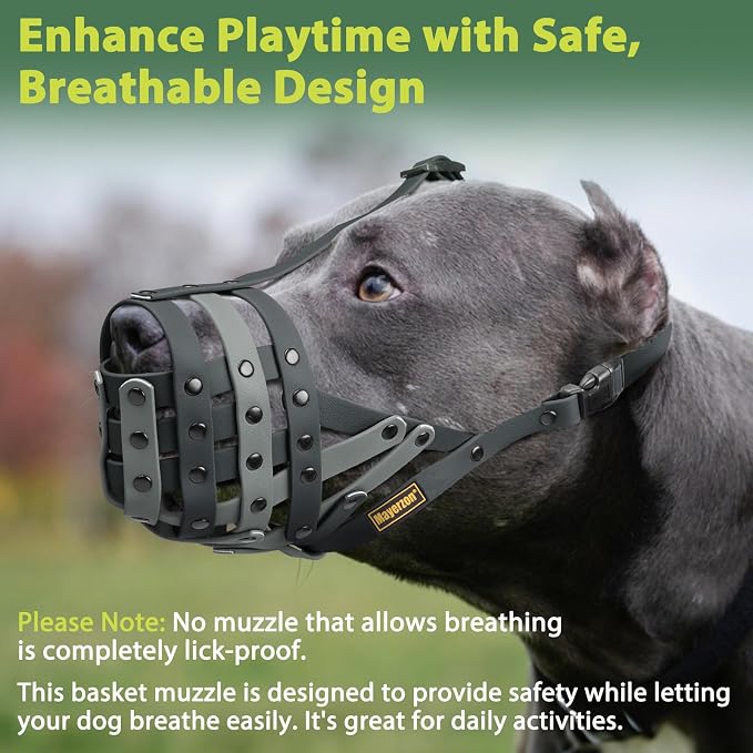 Pitbull Dog Muzzle for Large Medium Dogs Prevent Biting Scavenging | Fits Rottweiler Amstaff Broad-nosed Breed, Sturdy Breathable Basket, Training Walking Use, Allows to Drink | Black Grey, M