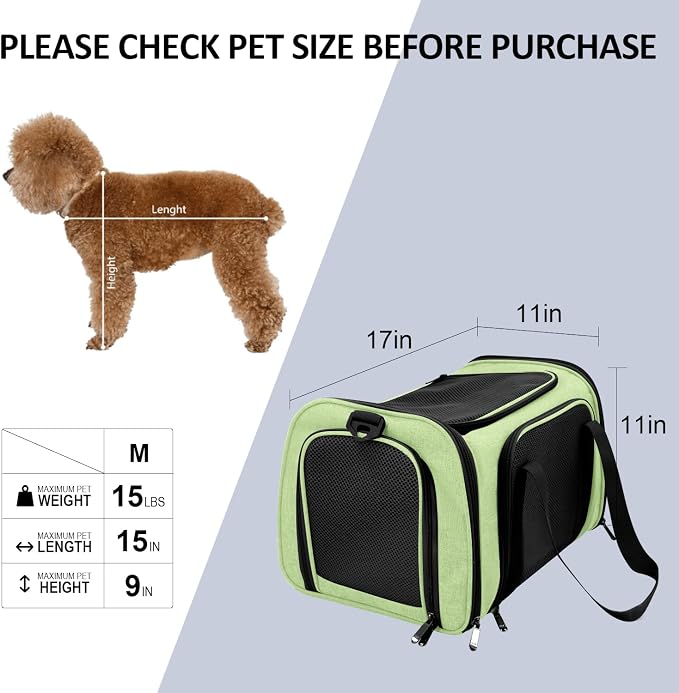Henkelion Pet Carrier, Small/Medium Up to 15 lbs, Airline Approved, Green