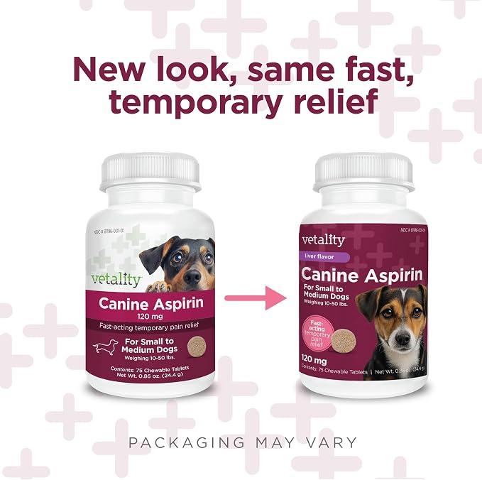 Vetality Canine Aspirin for Dogs | Fast Pain Relief | Small to Medium Dogs | Liver Flavor | 75 Chewable Tablets