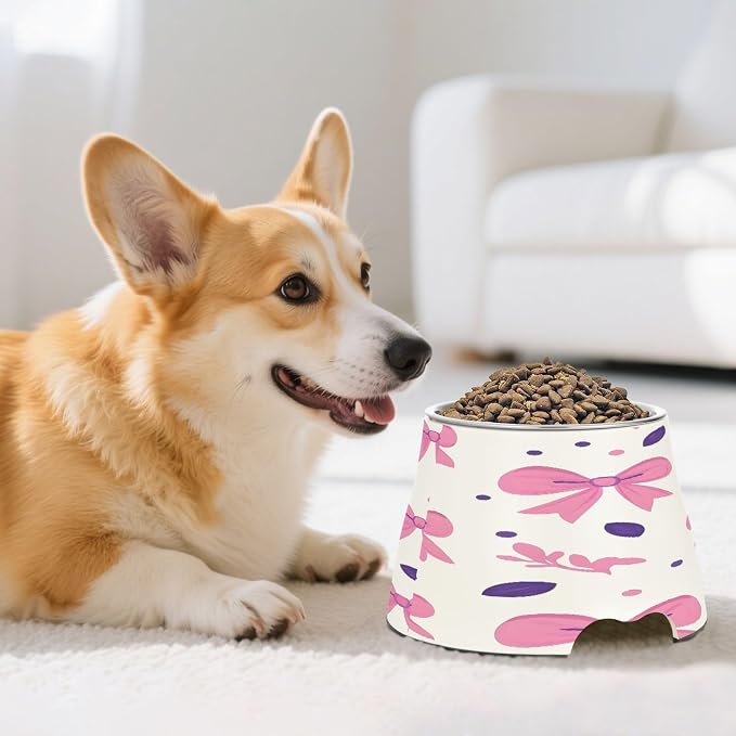 YETTASBIN Cute Bows Ribbons Elevated Dog Bowls, Prevention of Vertebrae Disease Raised Dog & Cat Bowl Stand with Removable Stainless Steel Bowls, Non-Slip Spill-Proof Pet Food & Water Bowl Dish