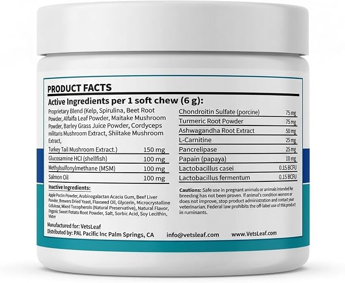 Dog Multivitamin Chews - Glucosamine, Probiotics, Salmon Oil, Mushroom Blend & Ashwagandha - Daily Dog Vitamins for Immune, Joint, Skin, Gut and Energy Support - Made in USA - 60 Count