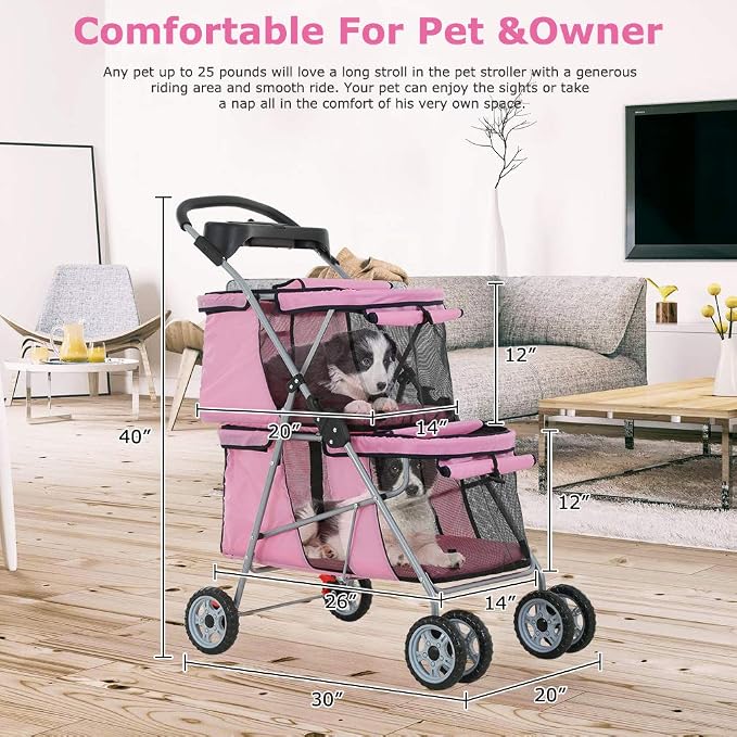 4-Wheel Folding Pet Stroller Carrier - Pink