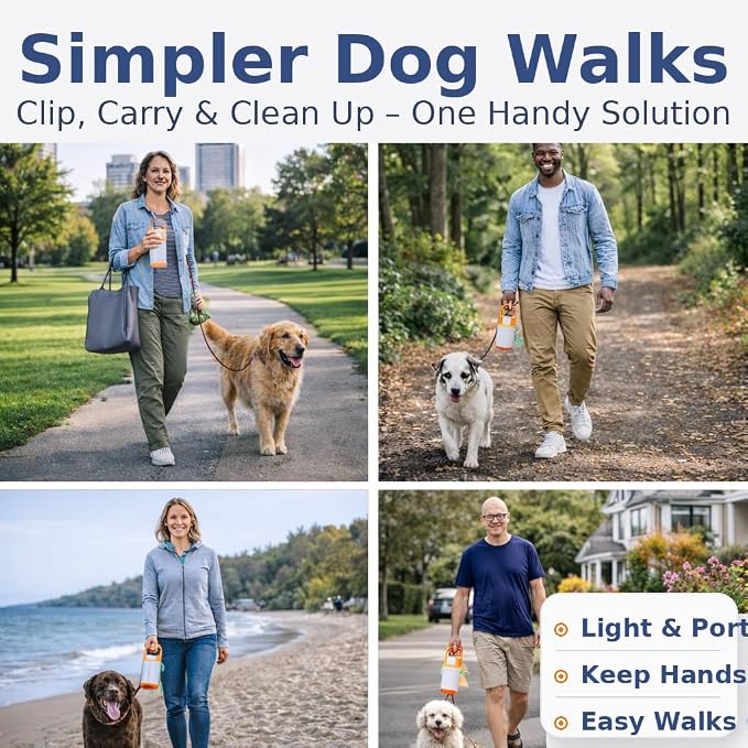 Portable Dog Poop Scooper for Walks, One-Handed No-Touch Pet Waste Pickup Claw with Used Poop Bag Holder Clip, Compact Travel Pooper Scooper for Dog Walking, Orange Gray (White Orange)