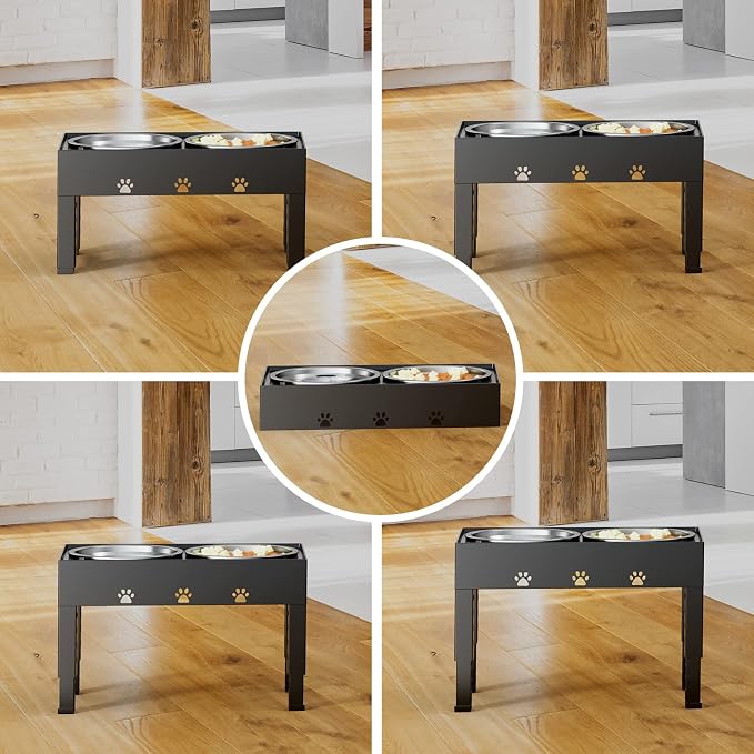 LAKIPETN Elevated Dog Bowls with Mat, Raised Dog Food Bowl Stand with 2 Stainless Steel Bowls, 5 Height Adjustable (3.1", 9", 10", 11", 12") Non-Slip Feeder Set for Medium and Large Dogs â Black