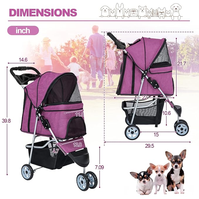BestPet 3-Wheel Pet Stroller - Purple, Cup Holder