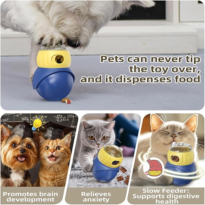 Pet Treat Dispenser,Enrichment and Interactive Toys for Dogs and Cats,Owl-Shaped ABS Blue and Yellow Puzzle Slow Feeder,Puppy Essentials,No BPA