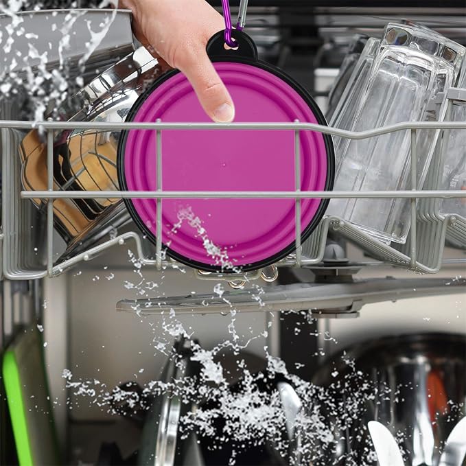 Dog Bowl Collapsible, 2 Pack, with Carabiners, Small, Pink+Purple
