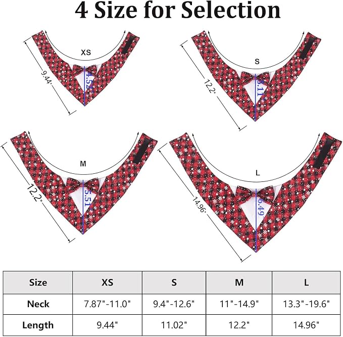 Adjustable Red Plaid Christmas Dog Tuxedo Bandana with Bow Tie, X-Small, XS, Red