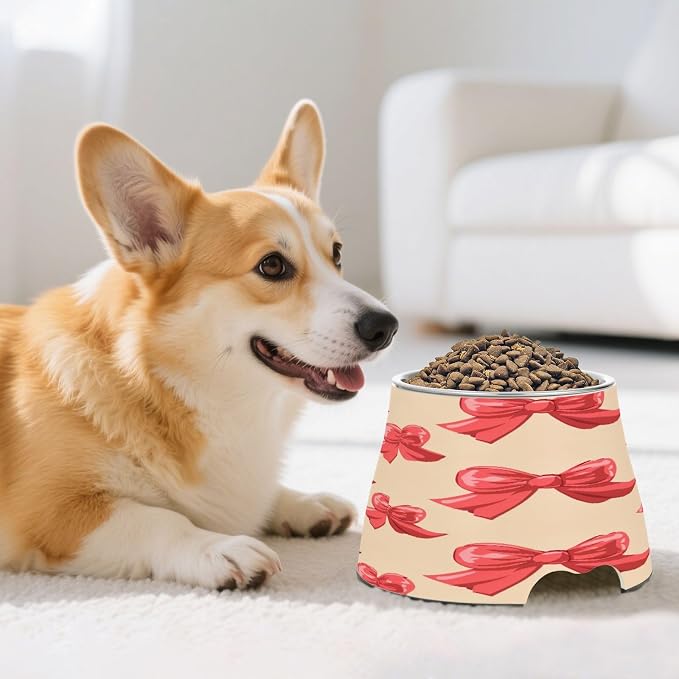 Blueangle Elevated Dog Bowls with Stainless Steel - Non-Slip 2.3 Cup High Capacity Pet Dish for Spinal Health & Red Bow Design(169)