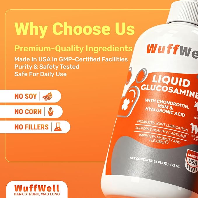 WuffWell Liquid Glucosamine Hip & Joint Support for Dogs, USA Made, 16oz