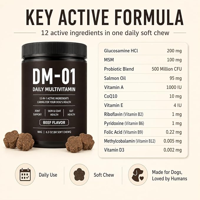 DM-01 Daily Multivitamin Itch Relief for Dogs, 12-in-1 Soft Chews with Glucosamine, MSM, Probiotics, Salmon Oil & Vitamins, Joint & Gut Support, Every Dog is Family, Loved by Humans, Beef, 60 Count
