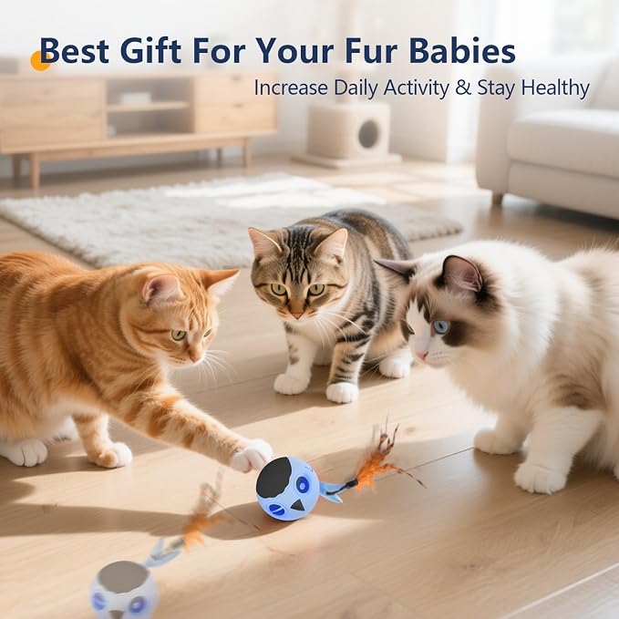 Cat Toys Ball, Smart Motion Sensor Moving Ball with 4 Sounds& 3 Speed Modes | Interactive Automatic Cat Toy for Indoor Cats,Fast Rolling Motion Activated Chirping Stimulating Light, 2 Feather Refill