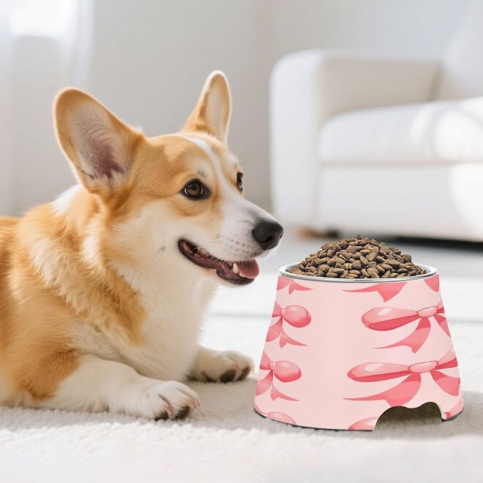 YETTASBIN Bow Pink Elevated Dog Bowls, Prevention of Vertebrae Disease Raised Dog & Cat Bowl Stand with Removable Stainless Steel Bowls, Non-Slip Spill-Proof Pet Food & Water Bowl Dish