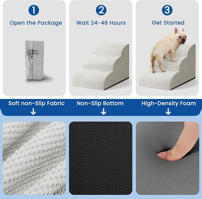 Airpanda Dog Stairs for Small Dogs and Cats – 3 Step Pet Ramp for Couch & Sofa, Non-Slip Dog Steps for Pets, Washable Cover, High-Density Support Foam for Easy Climbing,Light Grey