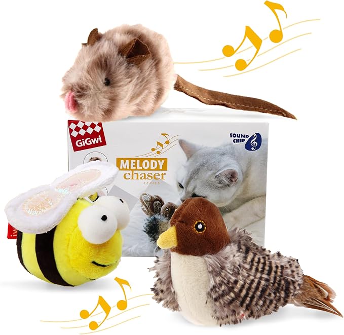 Gigwi 3 Pack Automatic Cat Toys, Interactive Squeaky Toys for Cats Inddoor | Stimulate Cat Hunting Instinct, Relieve Boredom, Squeaky Bird Bee and Mouse, Soft Plush, Perfect for Puppy Indoor Play