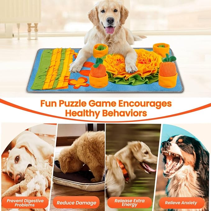 Large 32x20 Snuffle Mat for Dogs, Nosework Slow Feeder Toy | 32x20 Inch Large Size, Multiple Treat Hiding Layers, Mental Stimulation, Includes Leash & Squeaky Toys, Washable Design
