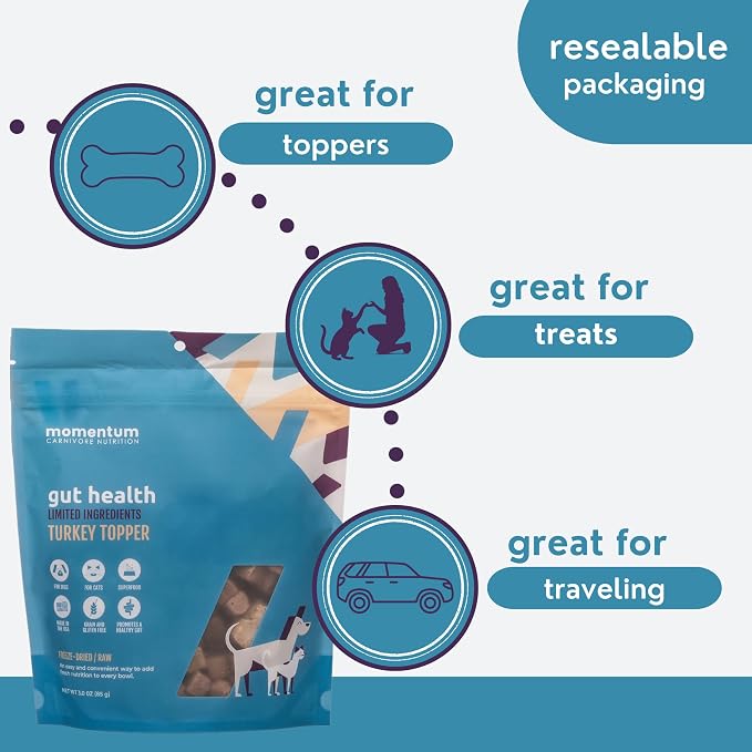 Momentum Carnivore Nutrition Freeze-Dried Gut Health Topper for Dogs & Cats – Turkey Gizzard, Raw Goat Milk, Ginger & Dandelion Root – 3 oz Bag