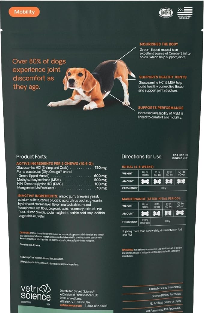 VetriScience Healthy Hip & Joint Chews, GlycoFlex Glucosamine and Green-Lipped Mussel Joint Support Supplement for Dogs, Promote Mobility and Protect Joints, Chicken, 120 Count