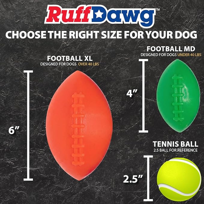 Ruff Dawg Indestructible Football Medium 4” Orange – Heavy-Duty Solid Rubber Dog Fetch Toy for Dogs Up to 40 lbs – Floats & Crazy Bounce – Made in USA