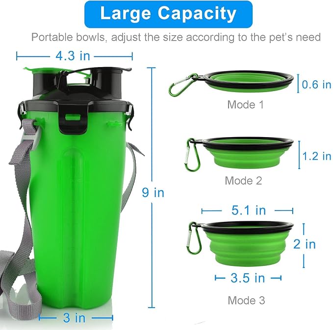 Dog Travel Water Bottle, 2-in-1 with Collapsible Bowl, Green