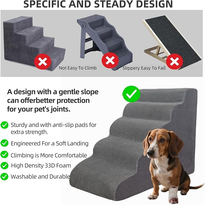 4 Step Pet Stairs Ramp for High Beds Sofas 18-24 Inch with Sturdy Non Slip Waterproof Pads, Machine Washable Cover Indoor Balanced Design for Cats Dogs Small Medium Large XL Pets Grey