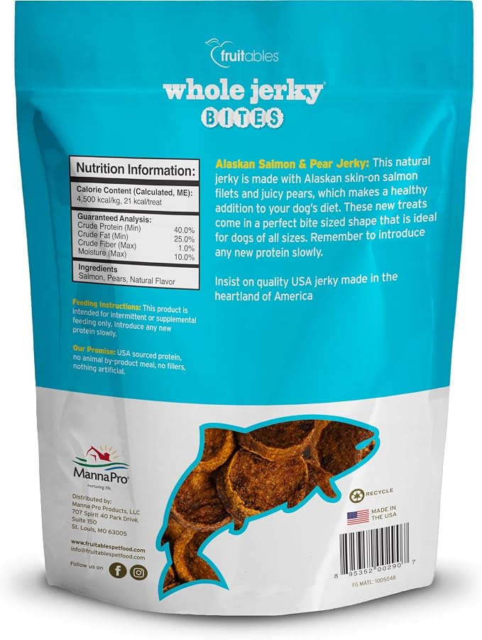 Fruitables Whole Jerky Bites, Healthy Dog Treats, Puppy Essentials, Jerky Dog Treats, Made in the USA, No Artificial Ingredients, Alaskan Salmon & Pear Flavor, 5oz