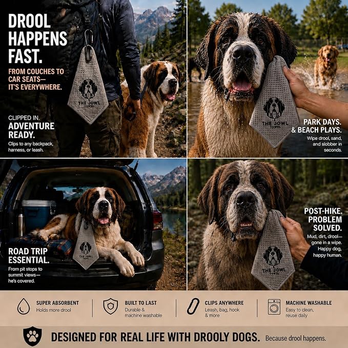 Dog Drool Towel for Large Dogs – Absorbent Microfiber Drool Catcher, Collar & Leash Attachment, Convenient Alternative to Drool Bibs (3 Pack)
