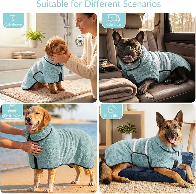 Bienbee Dog Bathrobe, Quick Drying Super Absorbent Pet Robes for Small Medium Large Dogs, Drying Coat for After Bath & Swim, Warm & Cozy Dogs Towels, Dog Puppy Bath Supplies,Light Green S
