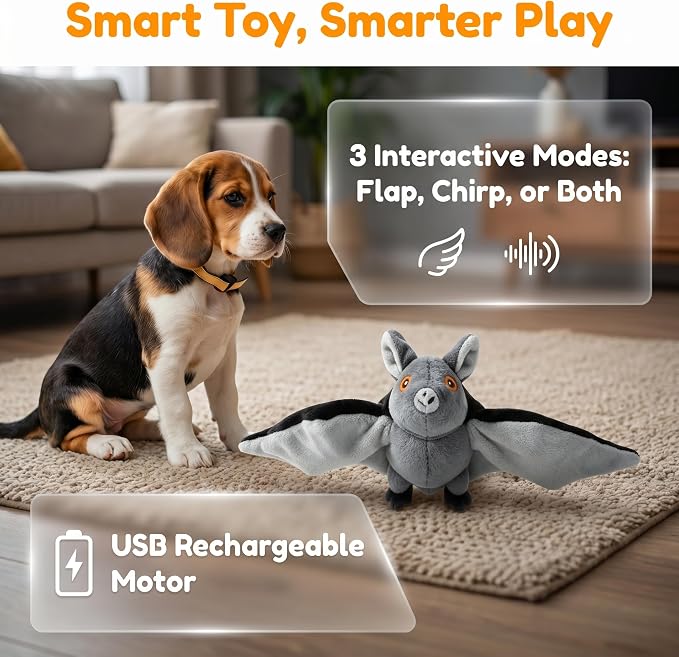 Flying Bat Dog Toy, Motion Activated Flapping Bat Cat Toy with Realistic Wings and Chirping Sounds, Rechargeable Remote Control Halloween Toy for Indoor Cats, Kittens and Small Dogs,1PC
