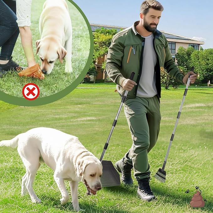 T2Y Pooper Scooper, Long Handle Dog Pooper Scooper, Adjustable Stainless Steel Rake & Extra Large Tray, Antirust & Durable Poop Scoopers for Yard, Lawn, Snowfield, Suitable for Multi-Dog Family