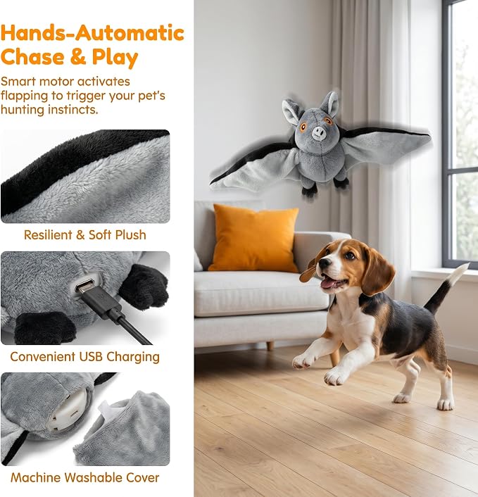 Flying Bat Dog Toy, Motion Activated Flapping Bat Cat Toy with Realistic Wings and Chirping Sounds, Rechargeable Remote Control Halloween Toy for Indoor Cats, Kittens and Small Dogs,2PCS