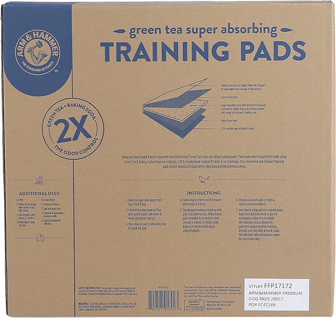 Arm & Hammer Green Tea Pet Training Pads, 200 Count, Super Absorbent with Green Tea and Baking Soda, 2X Odor Control, 5-Layer Leak-Proof Construction, 22.5 x 22.5 Inch