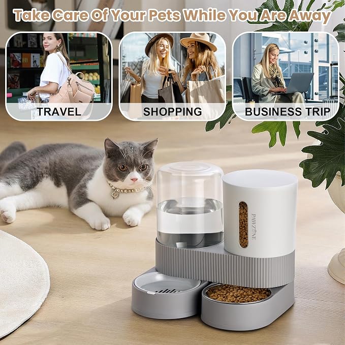 2 Pack Automatic Cat Feeder Stainless Steel Water Dispenser Gravity Food Feeder and Waterer Set with Pet Food Bowl for Small Medium Kitten Puppy Pets Large Capacity(Grey)