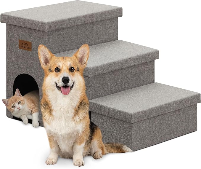 Zerbuger Dog Stairs 18" H, 3-Step Wider Dog Steps for High Beds Couch, Folding Storage Pet Stairs Gift for Small/Medium/Large Old Dogs Cats, Ramp for Climbing Car Up to 200 lbs, (Gray, with Condo)
