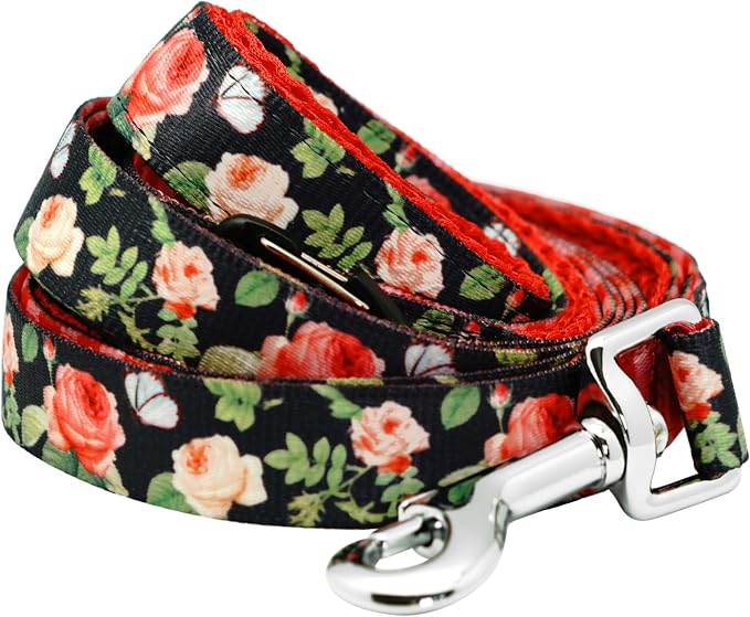 Blueberry Pet Rose Garden Dog Leash, Black Floral Print, 5 ft x 5/8”, Small, Leashes for Dogs