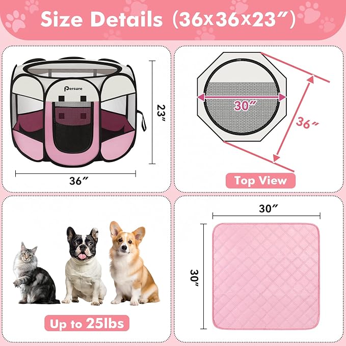 Dog Cat Playpen Indoor Outdoor for Puppy Pet Dogs Cat Recovery After Surgery, Dog Tent Crates Cage Indoor/Outdoor, Portable Pop Up Kennel with Carrying Case for Travel (Pink with Pad, Medium)