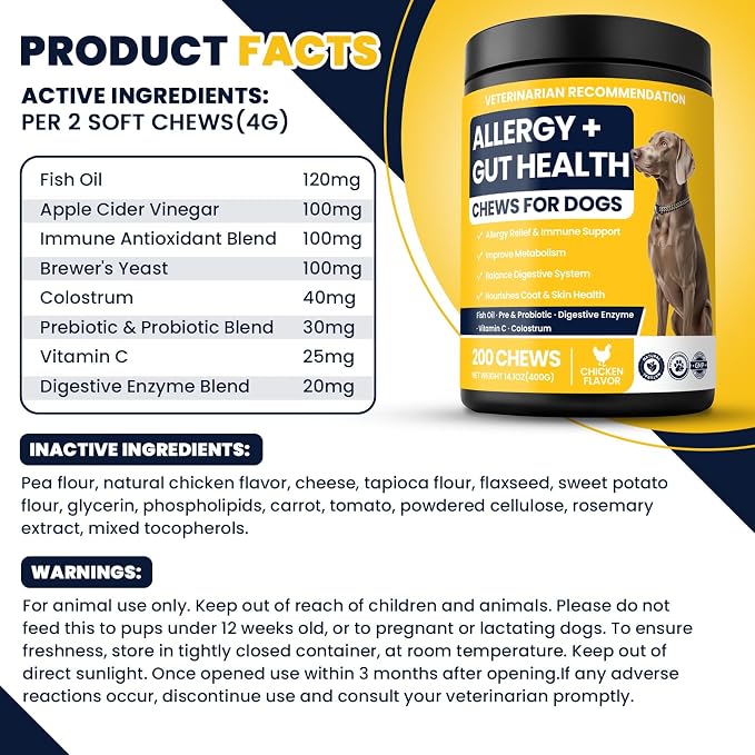 Dog Allergy Chews Probiotics for Dogs For Yeast 200ct, Itchy Skin and Itchy Ears Itch Relief Immune Pre Chews for Pet Digestive Gut Health Anti Itch for Itching and Licking / Dogs Yeast Supplement