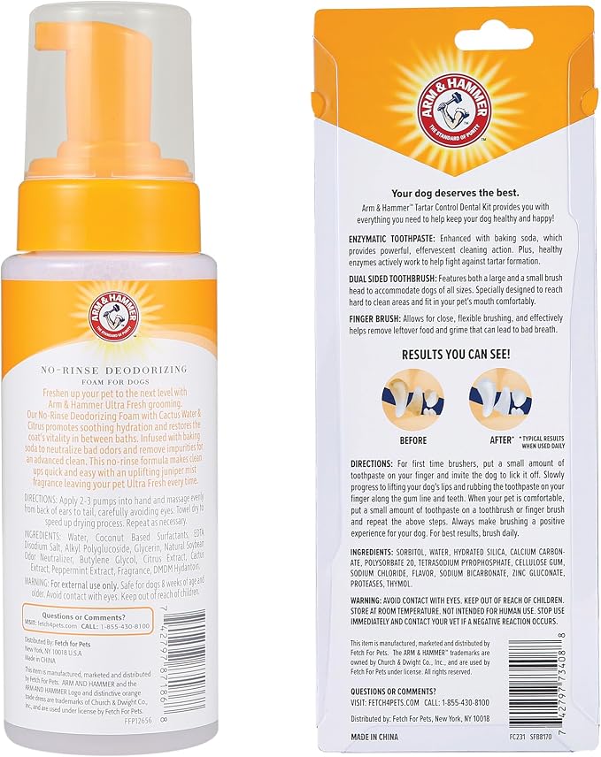 Arm & Hammer Tartar Control Dental Kit & Ultra Fresh Waterless Dog Shampoo Foam Bundle | 3-Piece Beef Flavor Oral Care Set + No-Rinse Juniper Mist Deodorizing Foam, 8 oz