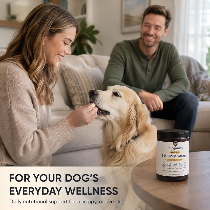 Pupganics Multivitamin Daily Soft Chews for Dogs, Pupganics 5 in 1 Multivitamin, Vitamin & Probiotics for Skin & Hair, Heart Health, Immune Support, Beef Flavor, 60 Soft Chews (1 PCS)