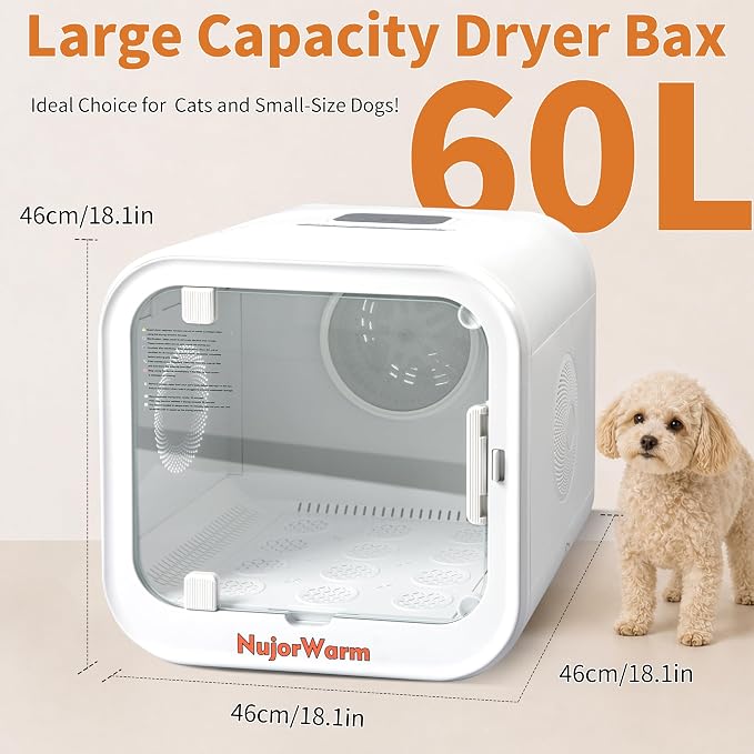 Pet Drying Box, 61L Quiet Hair Dryer for Cats and Small Dogs | 360° Fast Drying Adjustable Temperature & Speed Settings Overheat Protection Low Noise Smart Soft Hair Grooming Dryer 1200W