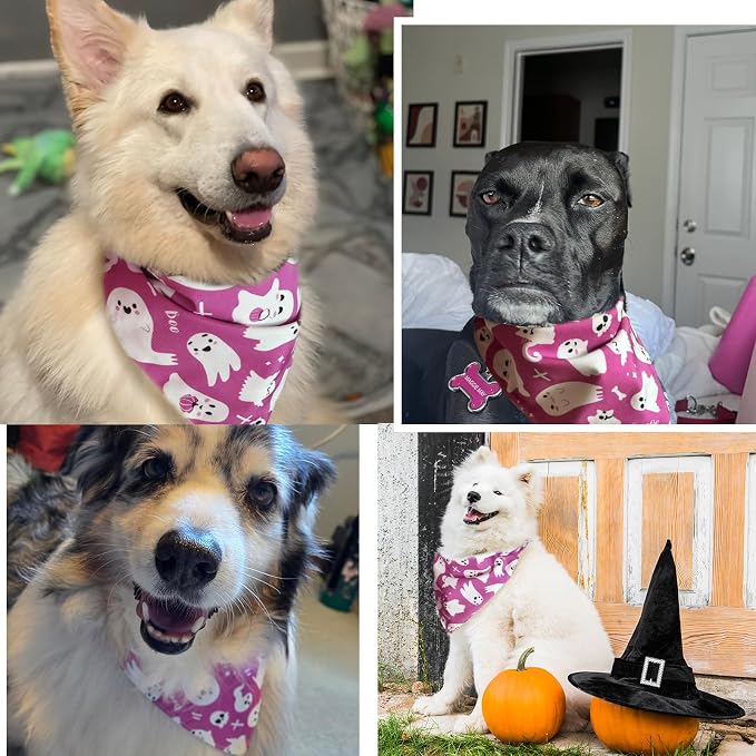 Halloween Dog Bandanas Pink Ghost Boo Costumes for Large Pets, Large, Pink
