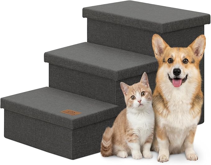 Zerbuger Dog Stairs with Storage 18" H, 3-Step Wider Dog Steps for Small/Medium/Large Old Dogs Cats, Folding Sturdy Pet Stairs Climbing Bed Couch, Ramp for Car Hold Up to 200 lbs (Dark Grey, No Condo)