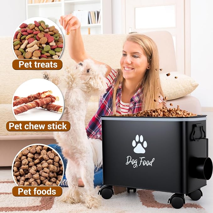 Dog Food Container 13lb, The storage container for small and medium-sized dog and cat food measures 13 inches (length) x 7.1 inches (width) x 11 inches (height), with enough space to hold 13 pounds of pet favorite dry food., 13lb, Metal, Black-L