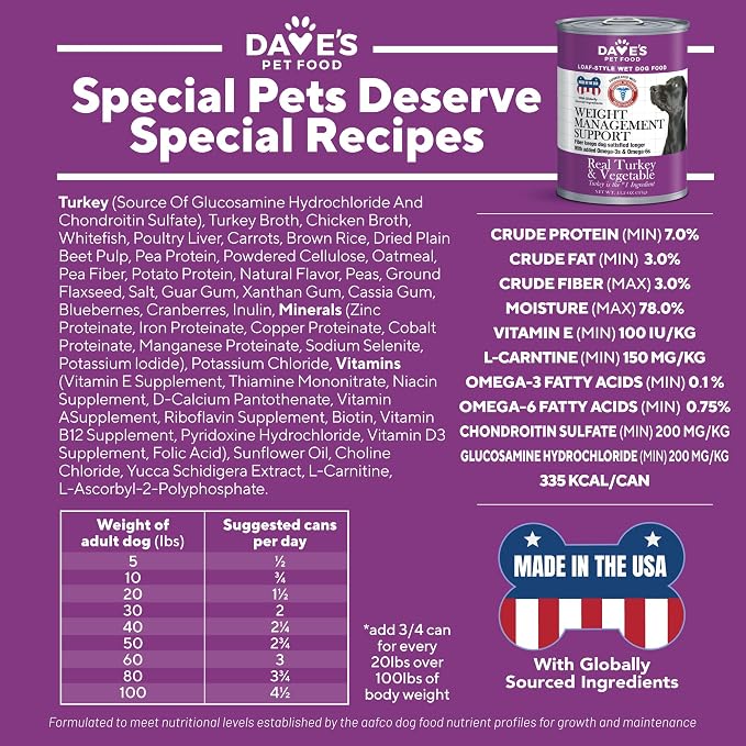 Dave's Pet Food Weight Management Dog Food, Turkey & Vegetables, 13.2 oz