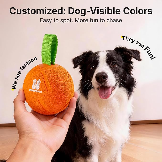 Potaroma Dog Ball with Rope Handle, Motion Activated Bouncing E-TPU Toy | Type-C Fast Charging, 3 Speed Modes, Gentle on Teeth, Medium & Large Breeds 35 lbs Up, Not for Aggressive Chewers, 3.2 Inches