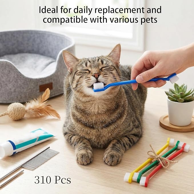 310 Pcs Dog Toothbrush Bulk, Puppy Tooth Brushing Kit, Long Handle Toothbrush, Dual Headed Dental Brushes for Cats Puppy Small Large Dogs Teeth Cleaning Oral Dental Care Supplies(12 Colors)