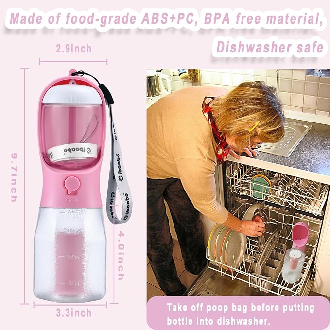 Cibaabo Dog Water Bottle with Food Container & Poop Bag Holder