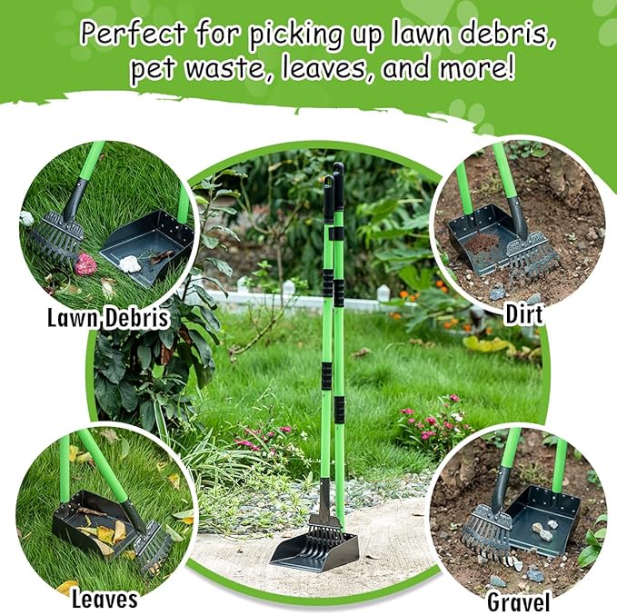 MXF Pooper Scooper, Dog Pooper Scooper Long Handle Stainless Metal Tray and Rake Set for Medium Small Dogs Heavy Duty - Use on Grass, Dirt or Gravel - Pet Supplies (Green)
