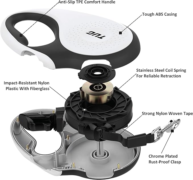 TUG Original Retractable Dog Leash, 16 ft (Medium, White) | 360° Tangle-Free Retraction, 16 ft Tape, Quick Thumb Lock, Anti-Slip Handle, For Dogs Under 55 lbs