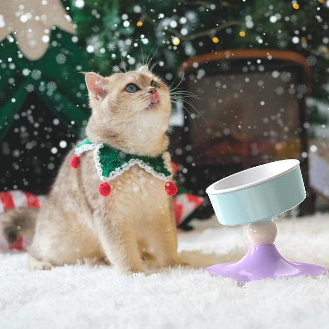 Ceramic Elevated Raised Cat Bowls,3 Heights Adjustable Raised Dog Bowl Stand for Indoor Cats and Small Dogs,15° Tilted Cat Food Feeding Dishes,Adjusts to 4.69", 5.98", 7.28" (Pink & White)